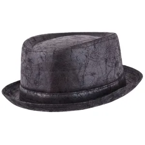 Pork Pie Hat Vintage Distressed Leather Look In Black - Maz