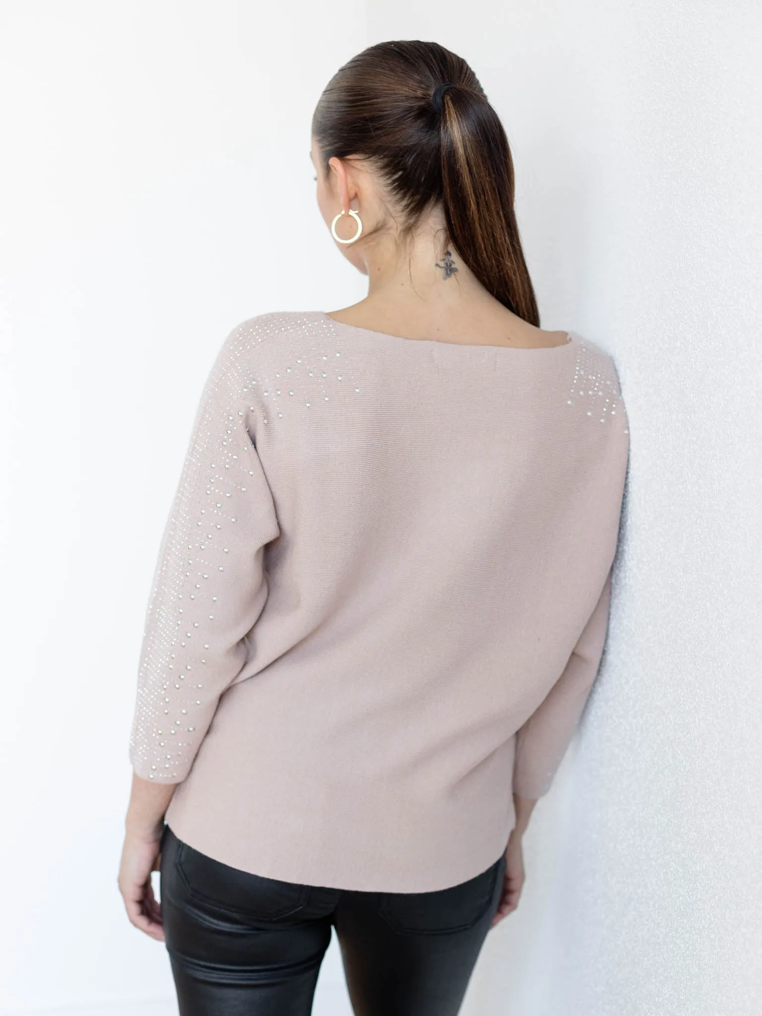 Rhinestone Detail Boat Neck Dolman Sleeve Sweater