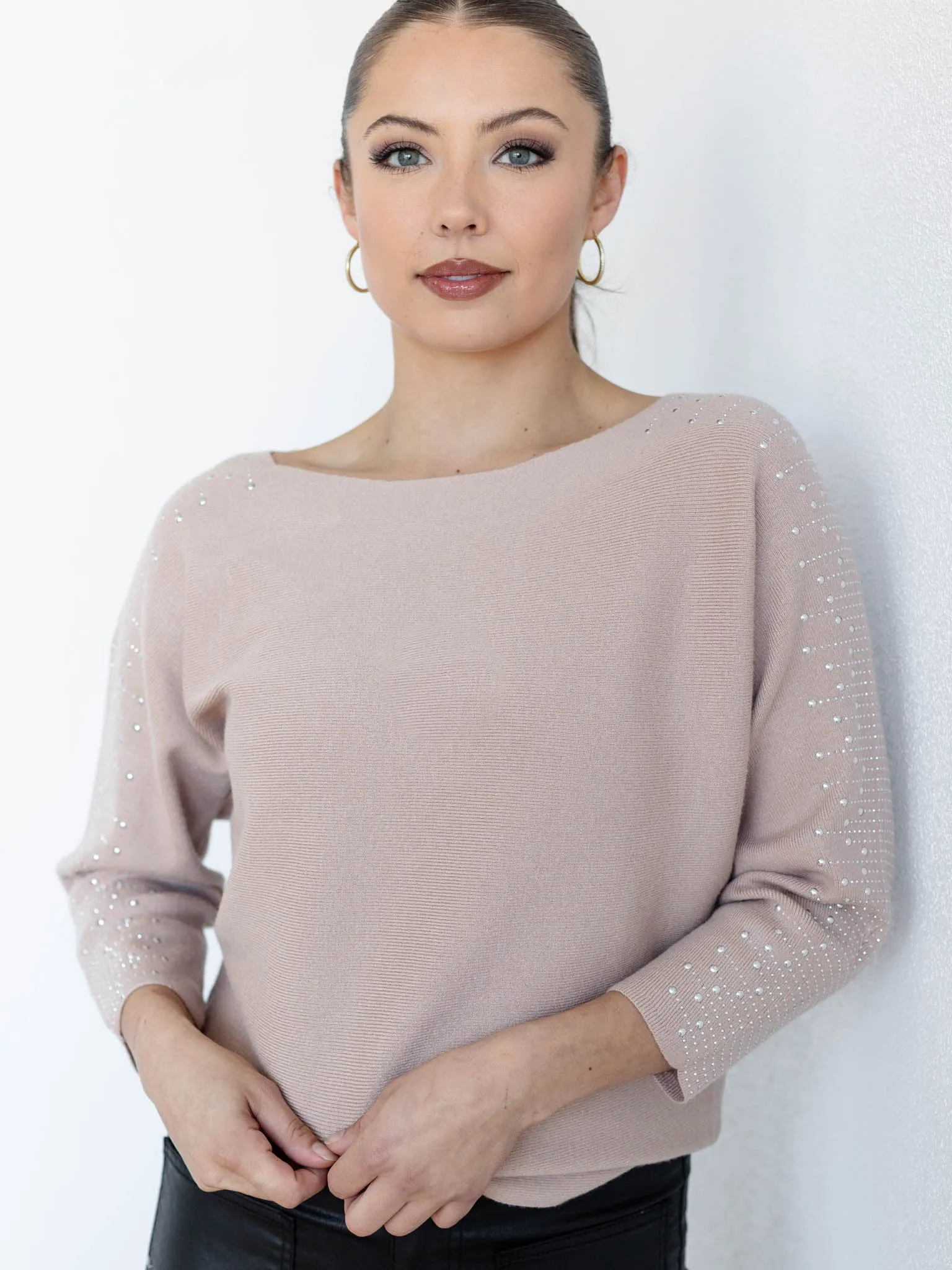 Rhinestone Detail Boat Neck Dolman Sleeve Sweater