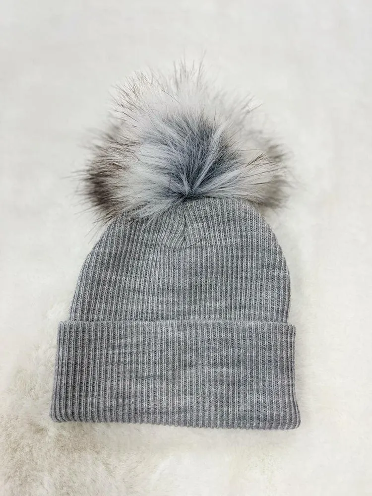 Ribbed Faux Fur Pom Pom Hat - Silver Grey - 3-24 Months