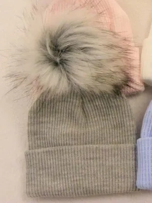 Ribbed Faux Fur Pom Pom Hat - Silver Grey - 3-24 Months