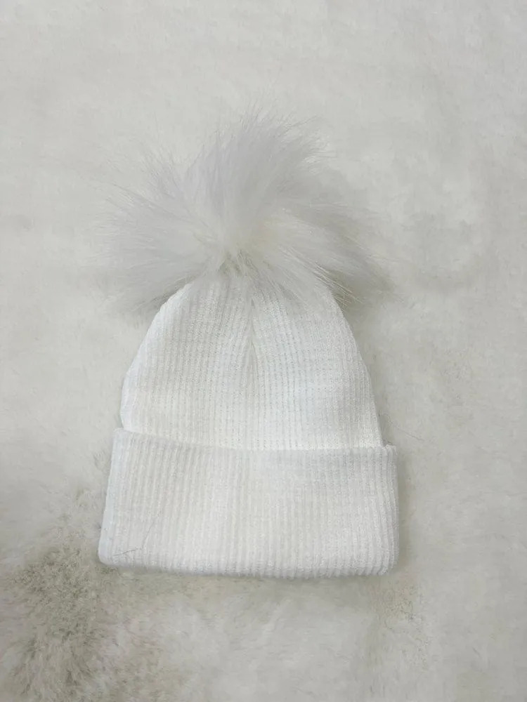 Ribbed Faux Fur Pom Pom Hat - Snow White - 3-24 Months