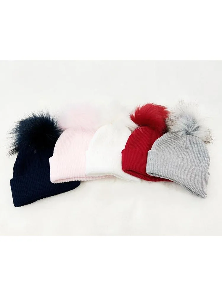 Ribbed Faux Fur Pom Pom Hat - Snow White - 3-24 Months