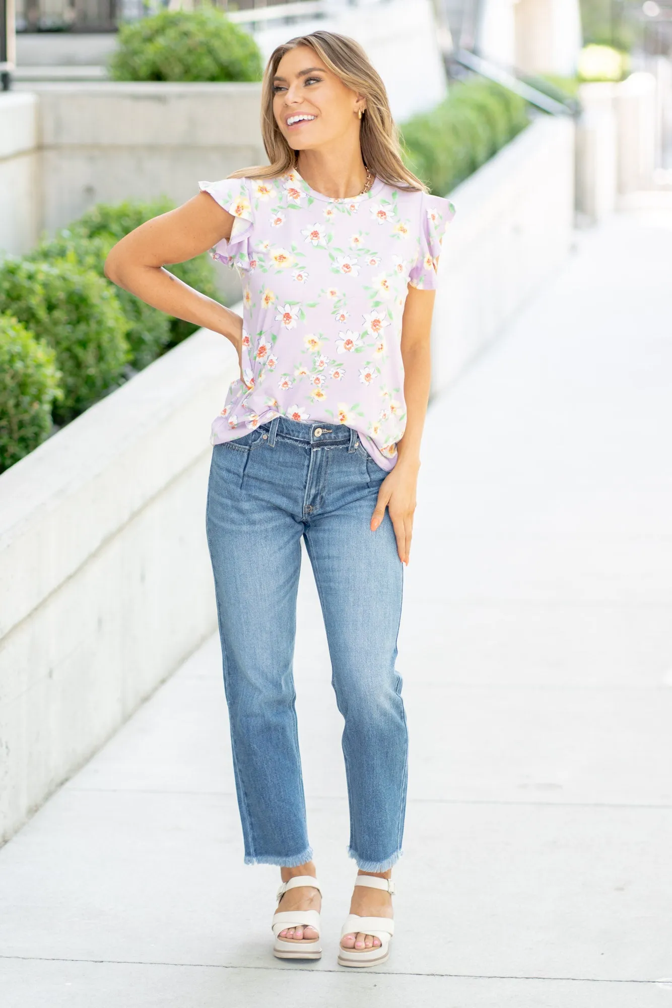 Round Neck Ruffled Floral Knit Top