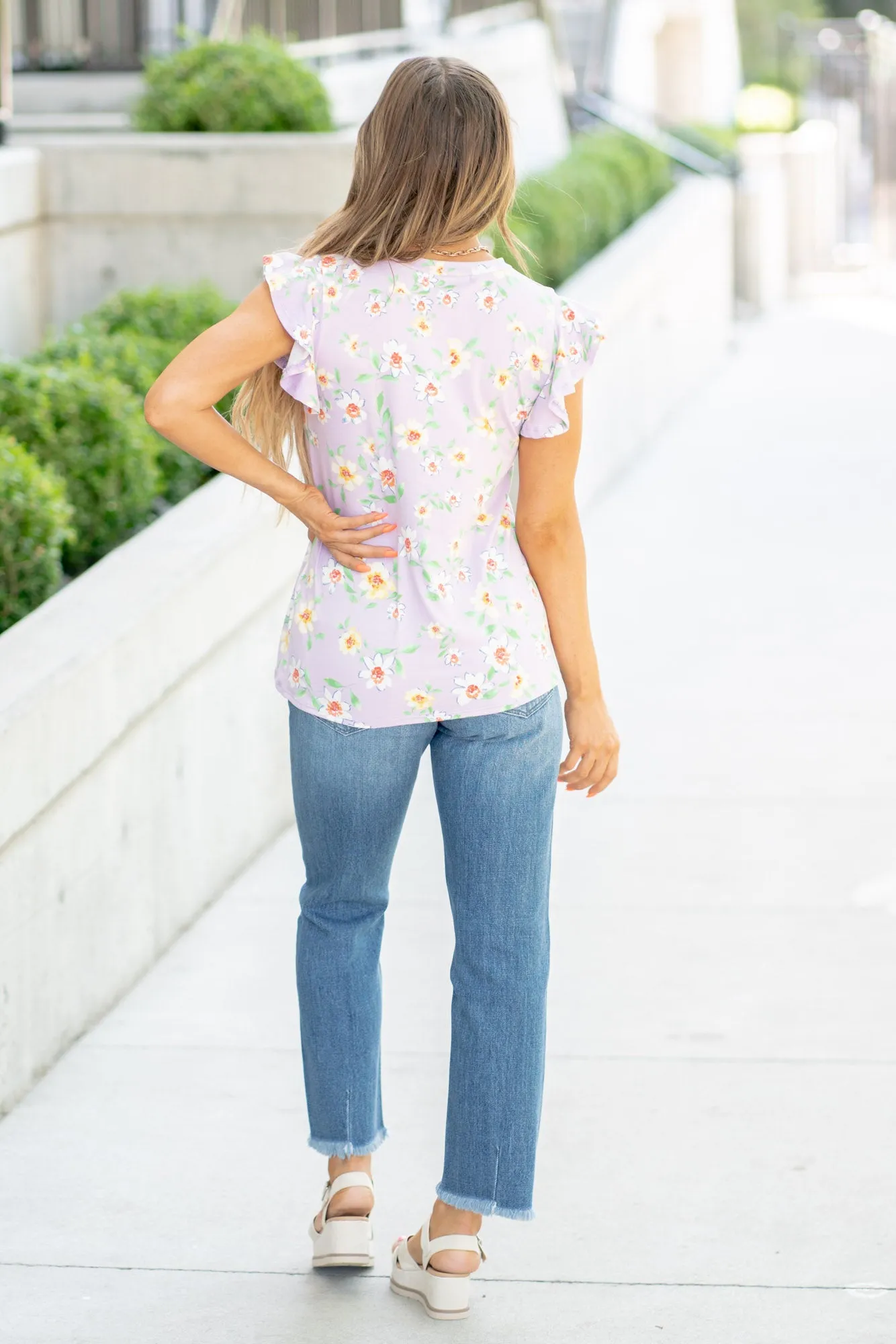 Round Neck Ruffled Floral Knit Top