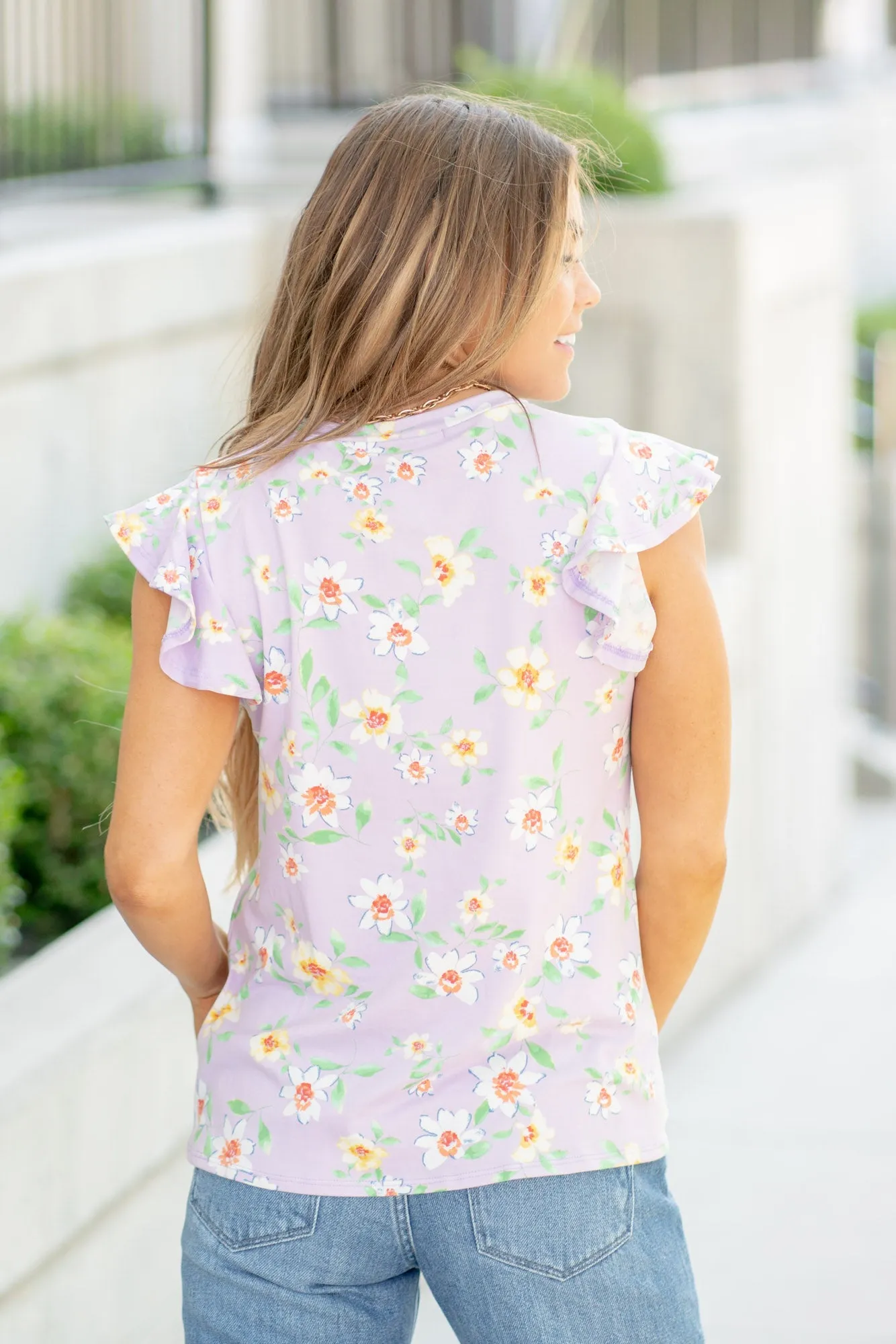 Round Neck Ruffled Floral Knit Top