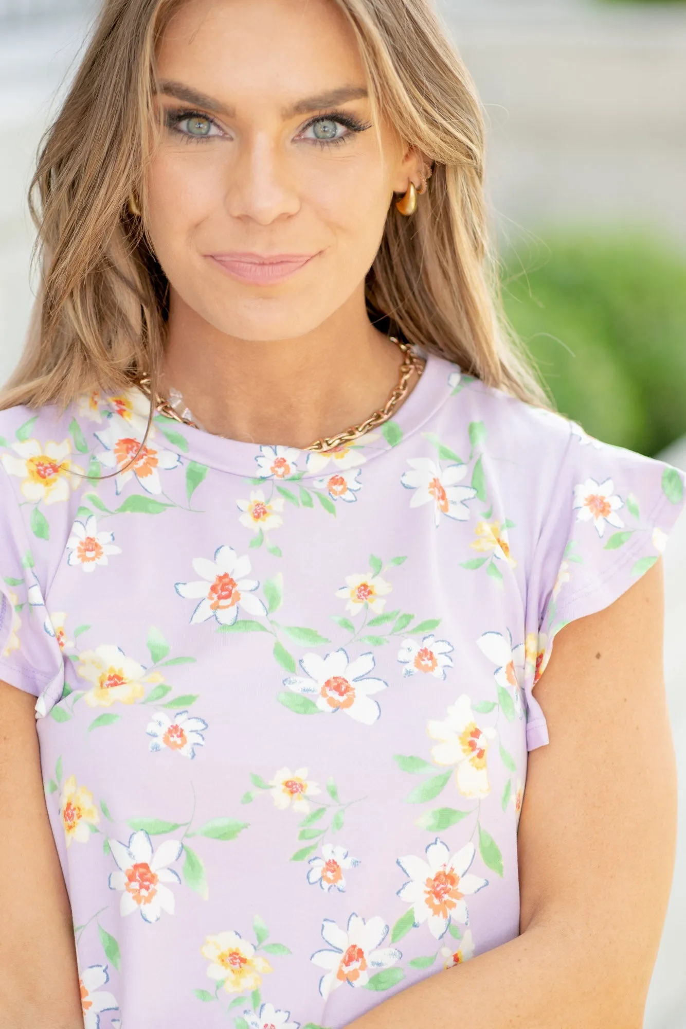 Round Neck Ruffled Floral Knit Top