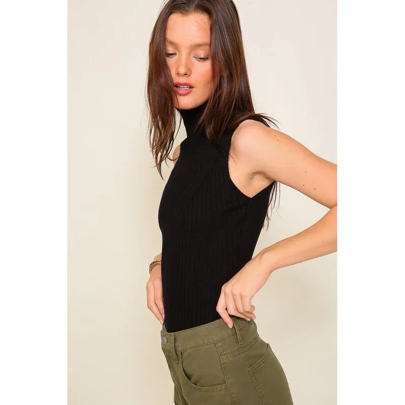 Sleeveless High Neck Ribbed Sweater - Black