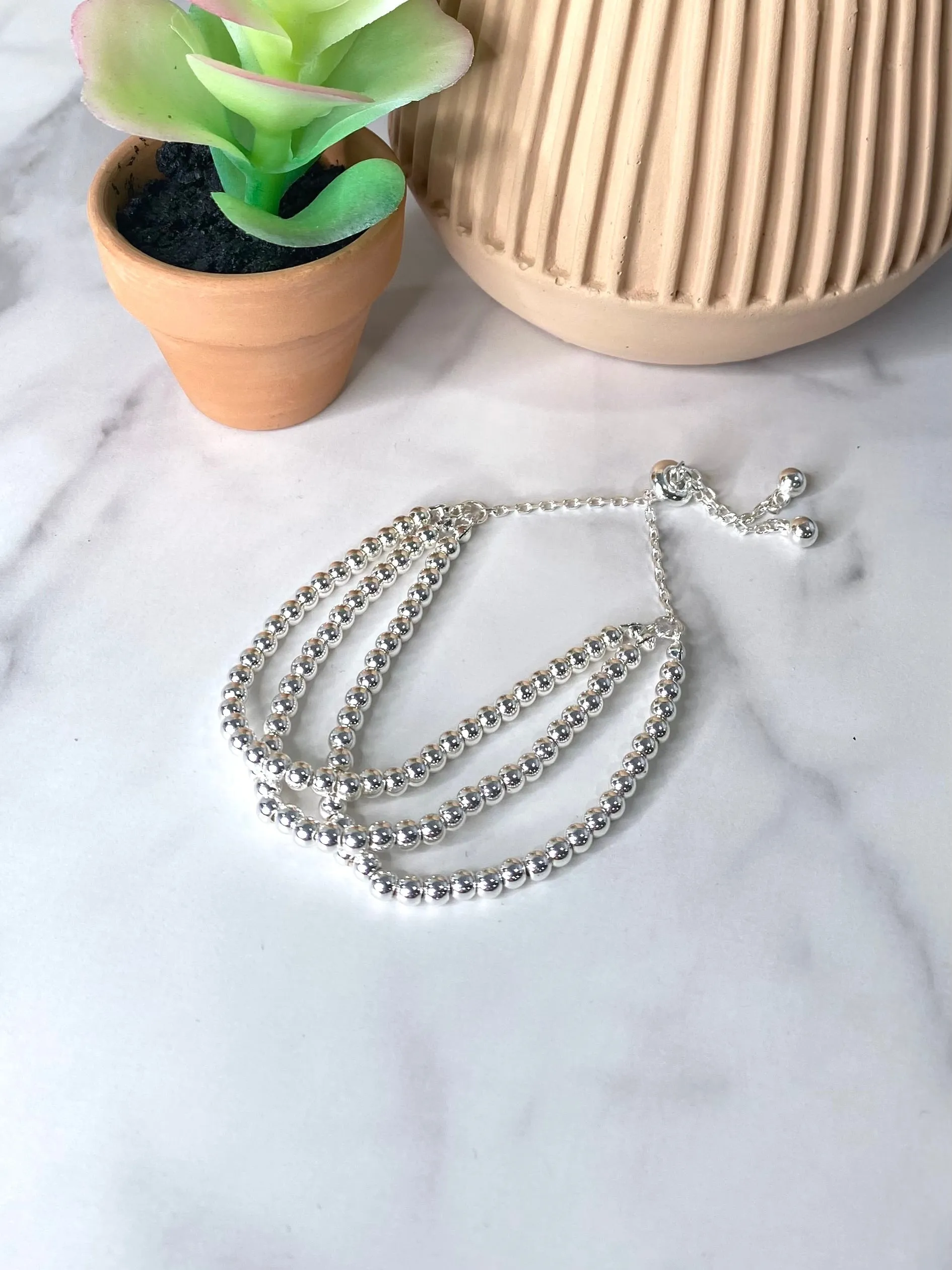 Small Beaded 3 Strand Bracelet - Silver
