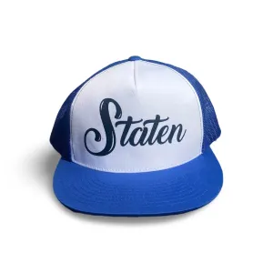 Staten Script Trucker Hat Royal Blue