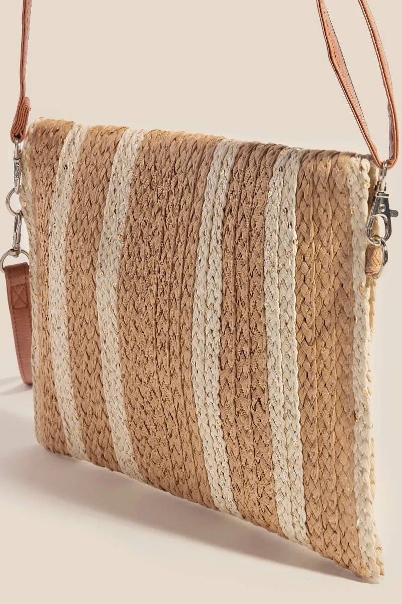 two tone beige stitched straw envelope clutch