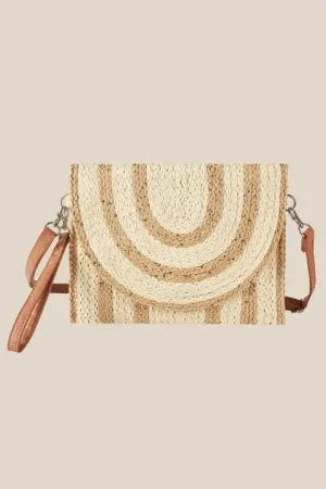 two tone beige stitched straw envelope clutch