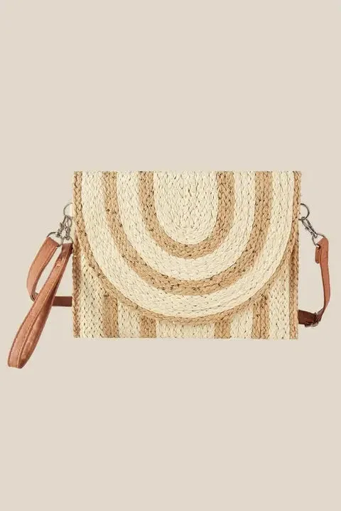 two tone beige stitched straw envelope clutch