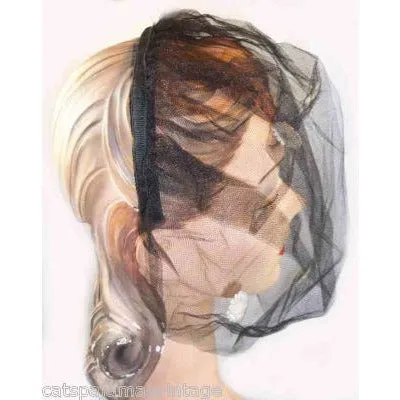 Vintage Black Tulle Headband Hat W/Appliqué 1950S