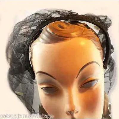 Vintage Black Tulle Headband Hat W/Appliqué 1950S