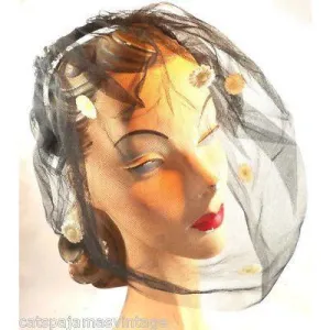 Vintage Black Tulle Headband Hat W/Appliqué 1950S