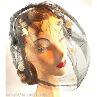Vintage Black Tulle Headband Hat W/Appliqué 1950S
