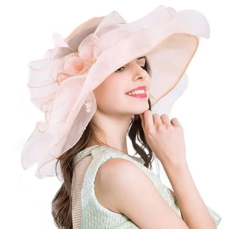 Vintage Kentucky Derby Hats Summer Fashion Big Flower Organza Sun Wide Brim Beach Hat