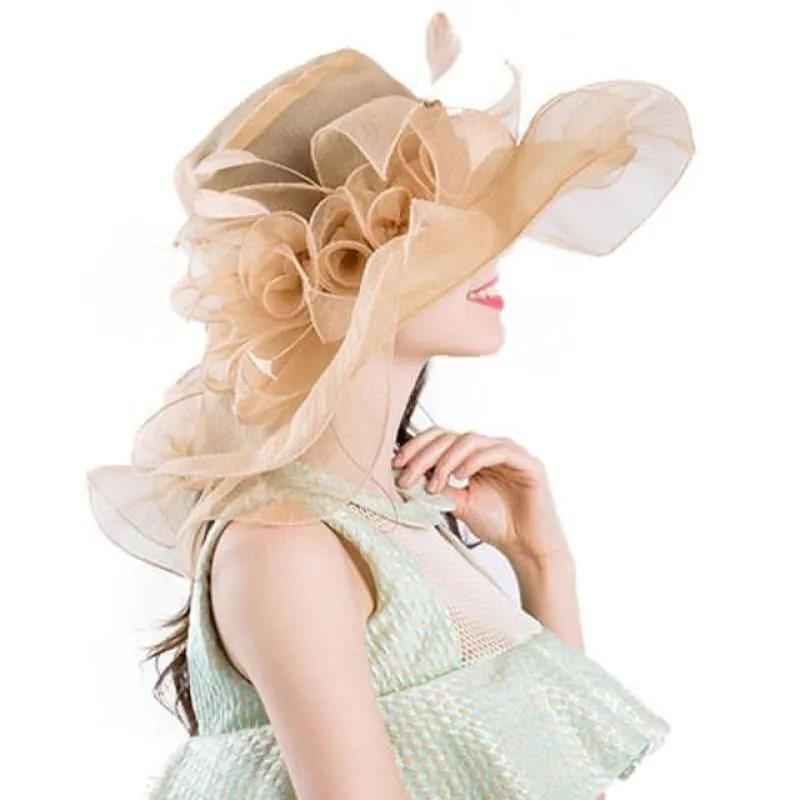 Vintage Kentucky Derby Hats Summer Fashion Big Flower Organza Sun Wide Brim Beach Hat