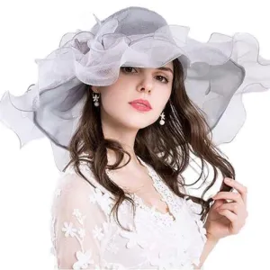 Vintage Kentucky Derby Hats Summer Fashion Big Flower Organza Sun Wide Brim Beach Hat
