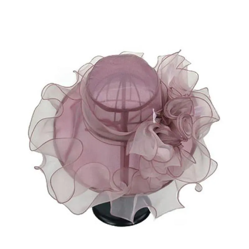 Vintage Kentucky Derby Hats Summer Fashion Big Flower Organza Sun Wide Brim Beach Hat