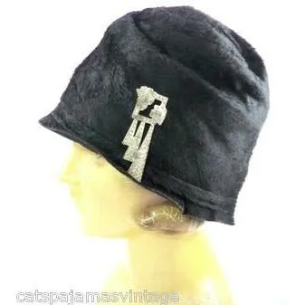 Vintage Ladies Cloche Hat Black Fur Felt 1920s w/ Deco Ornament Small Gatsby