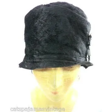 Vintage Ladies Cloche Hat Black Fur Felt 1920s w/ Deco Ornament Small Gatsby