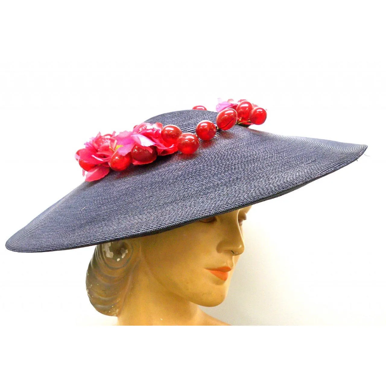 Vintage Navy Extra Wide-Brim Straw Saucer Hat On Cap 1940S Poppies & Grapes