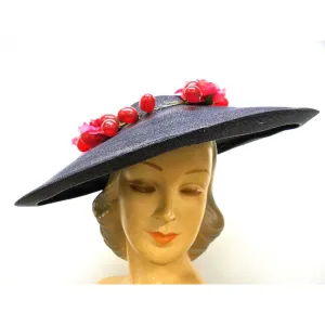 Vintage Navy Extra Wide-Brim Straw Saucer Hat On Cap 1940S Poppies & Grapes