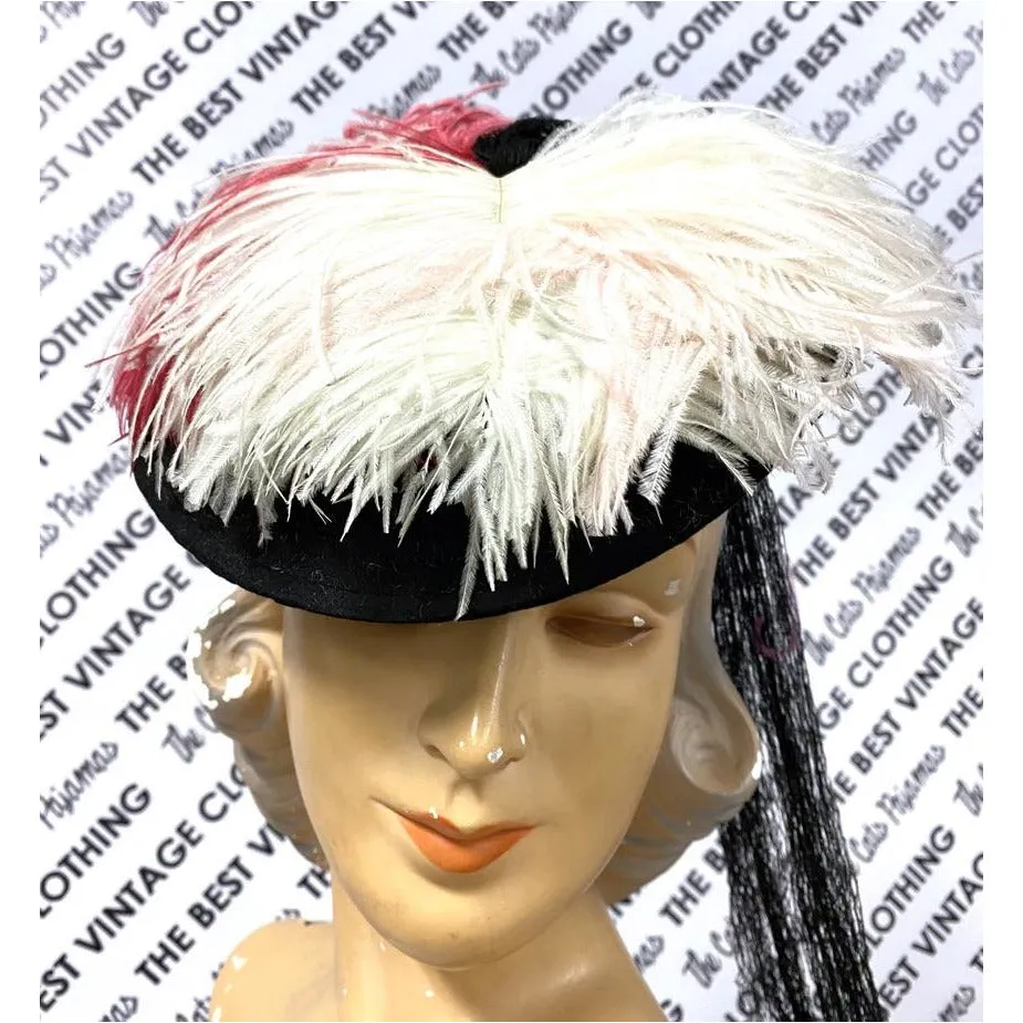 VTG Hattie Carnegie Hat Fascinator Pink White Feathers 1940s Doll Hat O/S