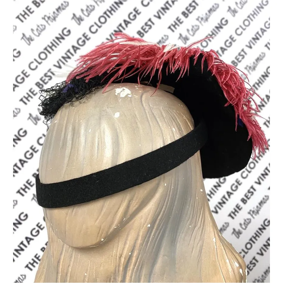 VTG Hattie Carnegie Hat Fascinator Pink White Feathers 1940s Doll Hat O/S