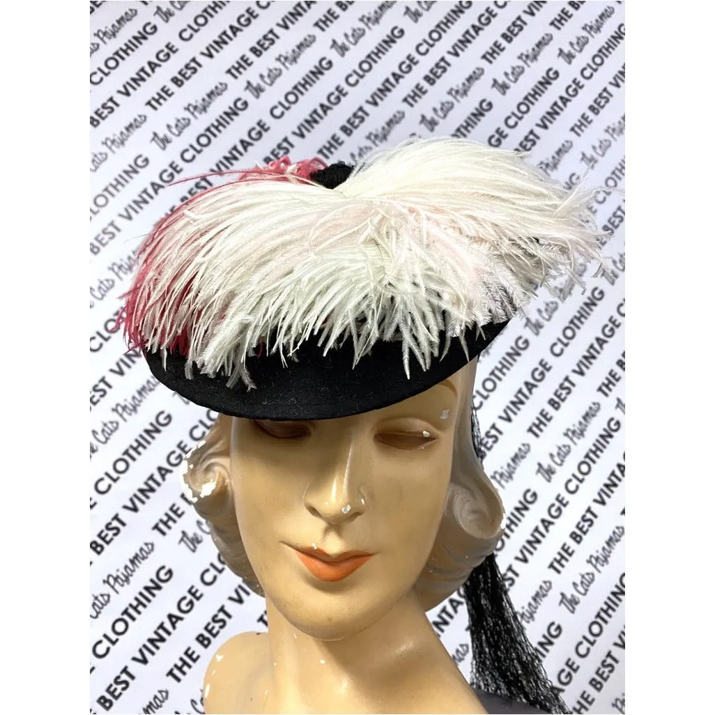 VTG Hattie Carnegie Hat Fascinator Pink White Feathers 1940s Doll Hat O/S