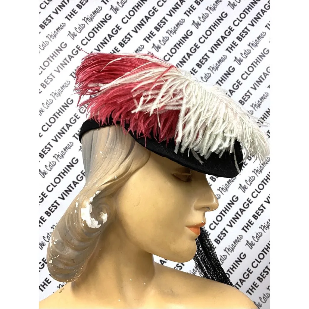 VTG Hattie Carnegie Hat Fascinator Pink White Feathers 1940s Doll Hat O/S