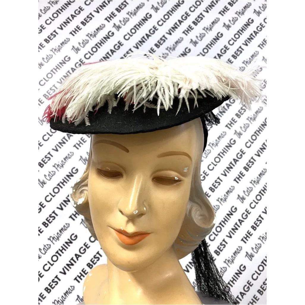 VTG Hattie Carnegie Hat Fascinator Pink White Feathers 1940s Doll Hat O/S