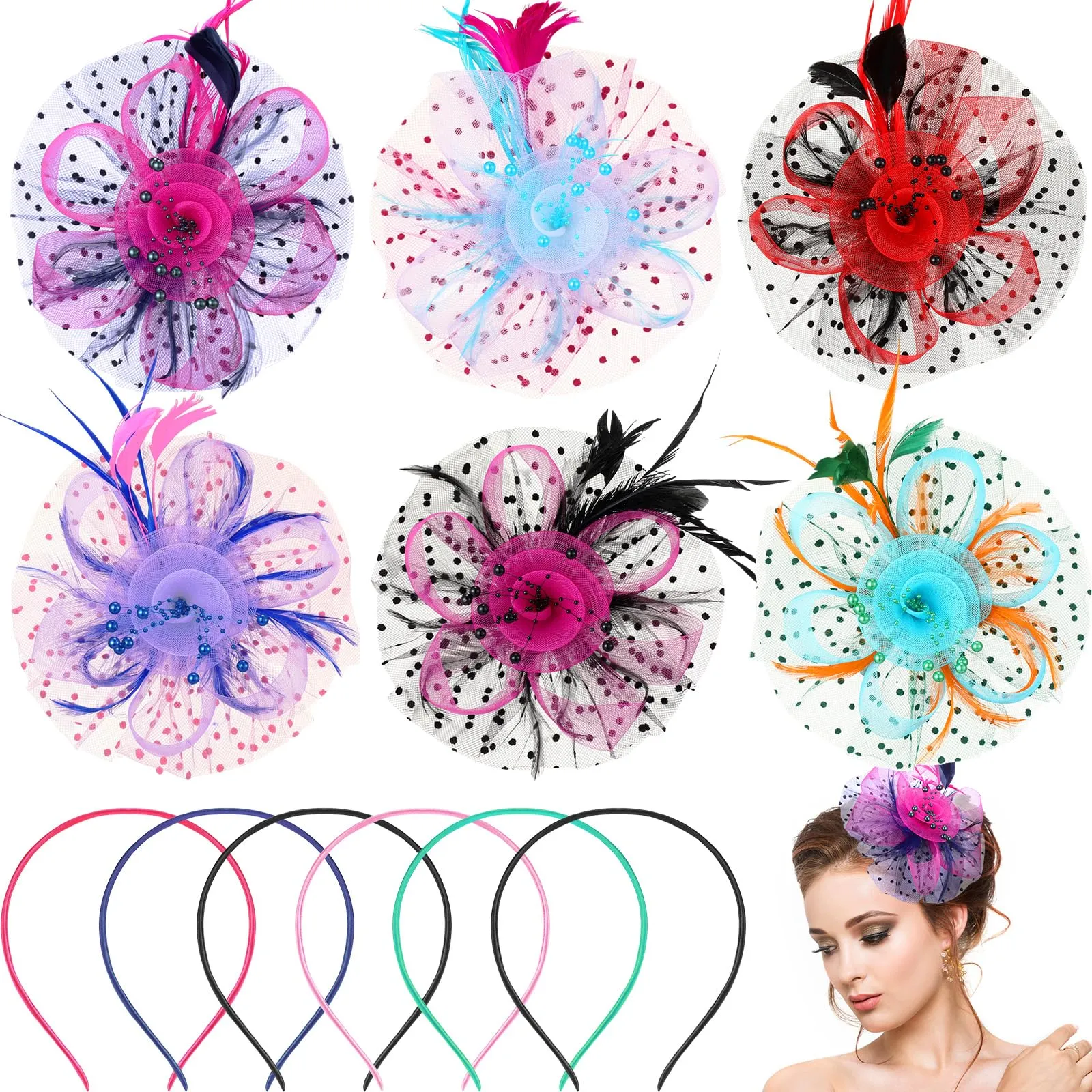 Wavwavw 6 Pcs Fascinators Hats Bulk for Women Derby Tea Party Hat Headwear Ribbons Feathers Flower Mesh Headband Clip for Party Cocktail Wedding Carnival