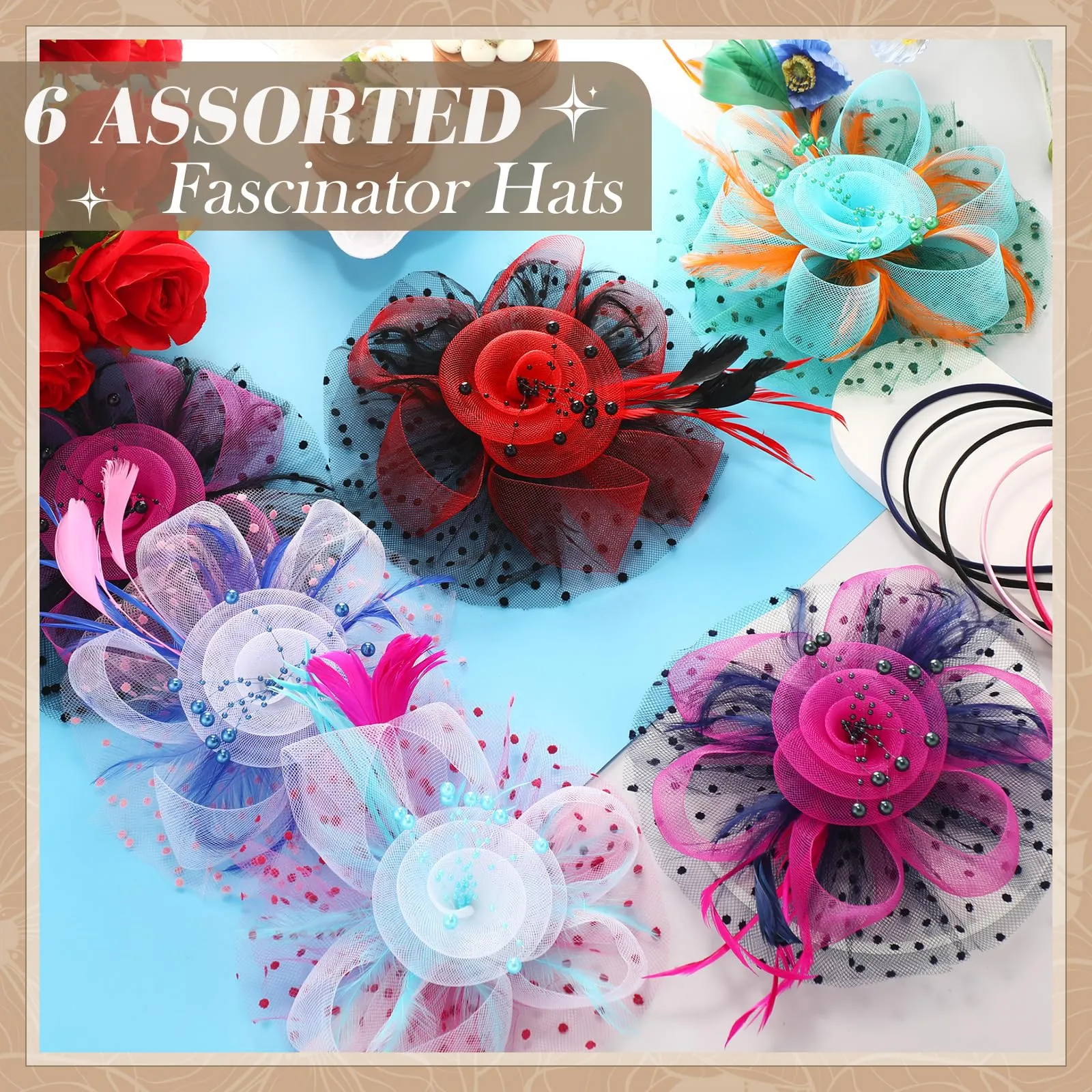 Wavwavw 6 Pcs Fascinators Hats Bulk for Women Derby Tea Party Hat Headwear Ribbons Feathers Flower Mesh Headband Clip for Party Cocktail Wedding Carnival
