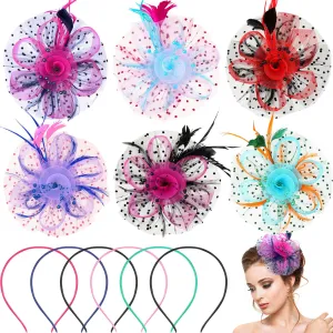 Wavwavw 6 Pcs Fascinators Hats Bulk for Women Derby Tea Party Hat Headwear Ribbons Feathers Flower Mesh Headband Clip for Party Cocktail Wedding Carnival