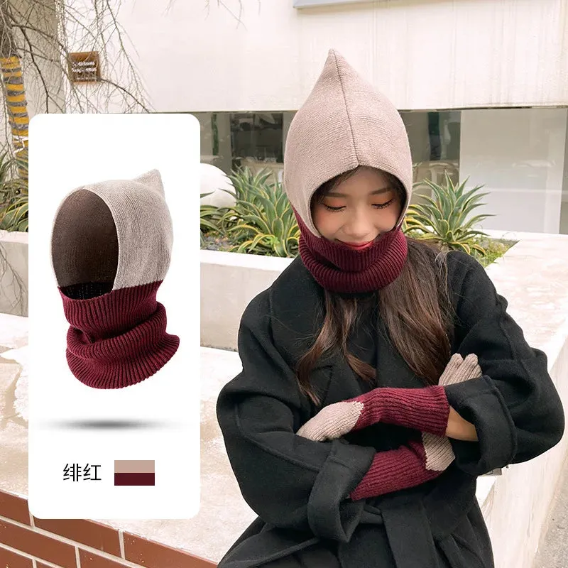 Winter Wool Hat Women Clash Colours Ear Protection Knitted Wool Warm Pullover Cap Scarf all-in-one Balaclava Hats Free Shipping