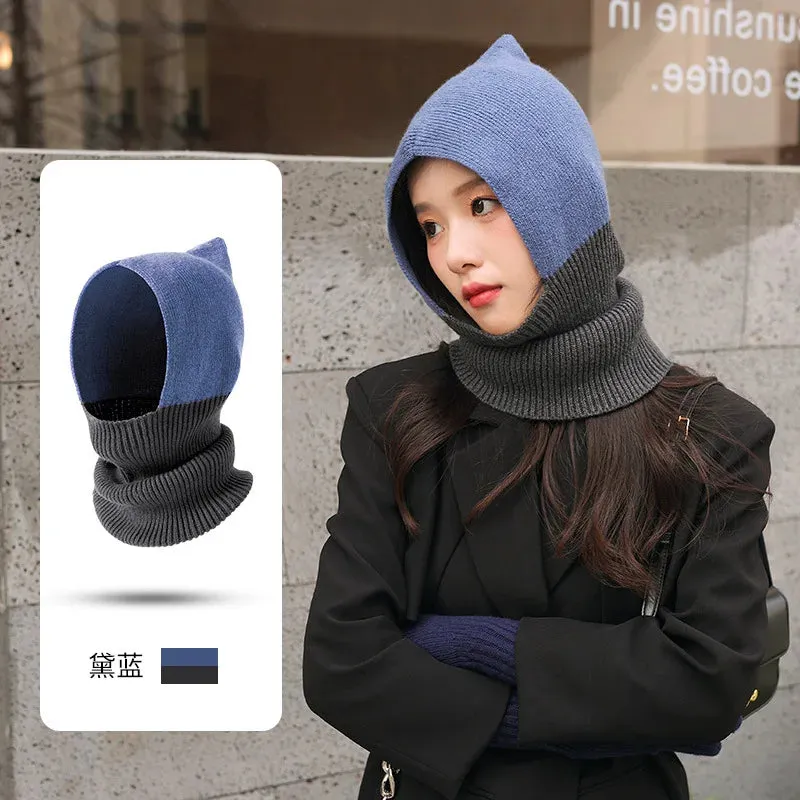 Winter Wool Hat Women Clash Colours Ear Protection Knitted Wool Warm Pullover Cap Scarf all-in-one Balaclava Hats Free Shipping
