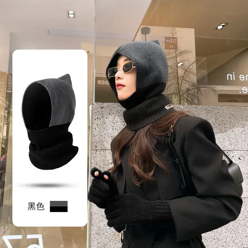 Winter Wool Hat Women Clash Colours Ear Protection Knitted Wool Warm Pullover Cap Scarf all-in-one Balaclava Hats Free Shipping