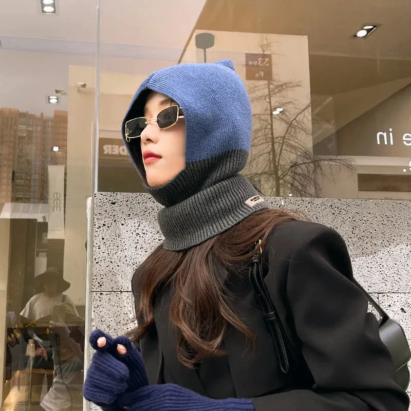 Winter Wool Hat Women Clash Colours Ear Protection Knitted Wool Warm Pullover Cap Scarf all-in-one Balaclava Hats Free Shipping