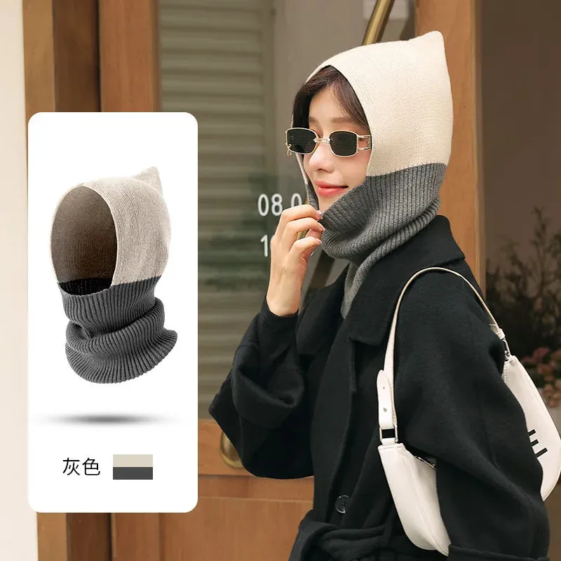Winter Wool Hat Women Clash Colours Ear Protection Knitted Wool Warm Pullover Cap Scarf all-in-one Balaclava Hats Free Shipping