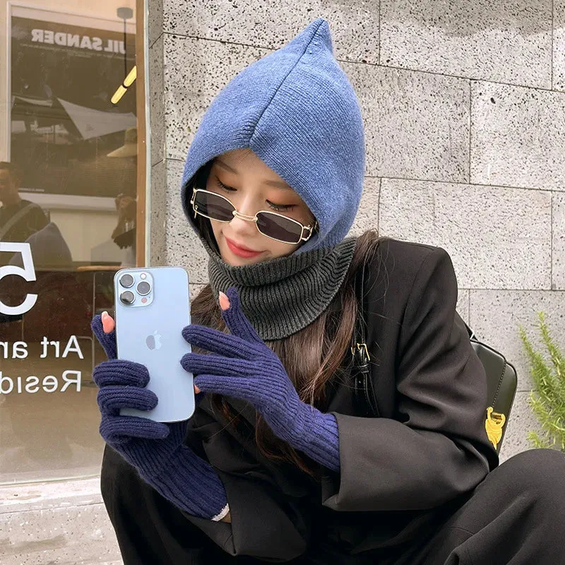 Winter Wool Hat Women Clash Colours Ear Protection Knitted Wool Warm Pullover Cap Scarf all-in-one Balaclava Hats Free Shipping