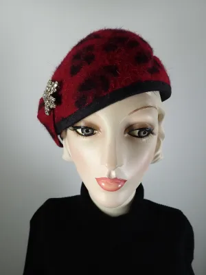 Womens Red and Black Leoopard Print Turban Topper Hat. Felted Wool structured Percher hat. Warm Winter Ladies Hat.