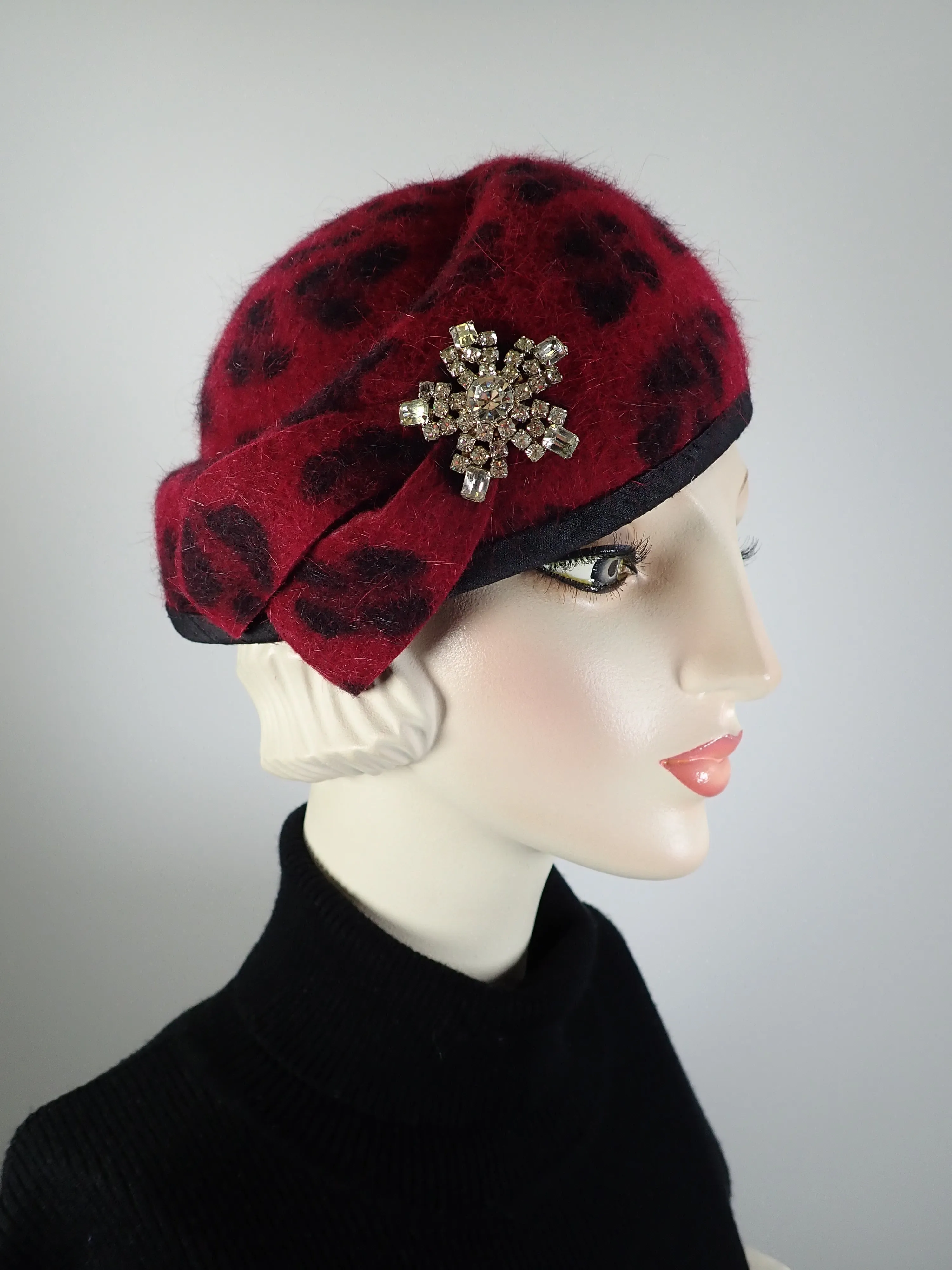 Womens Red and Black Leoopard Print Turban Topper Hat. Felted Wool structured Percher hat. Warm Winter Ladies Hat.