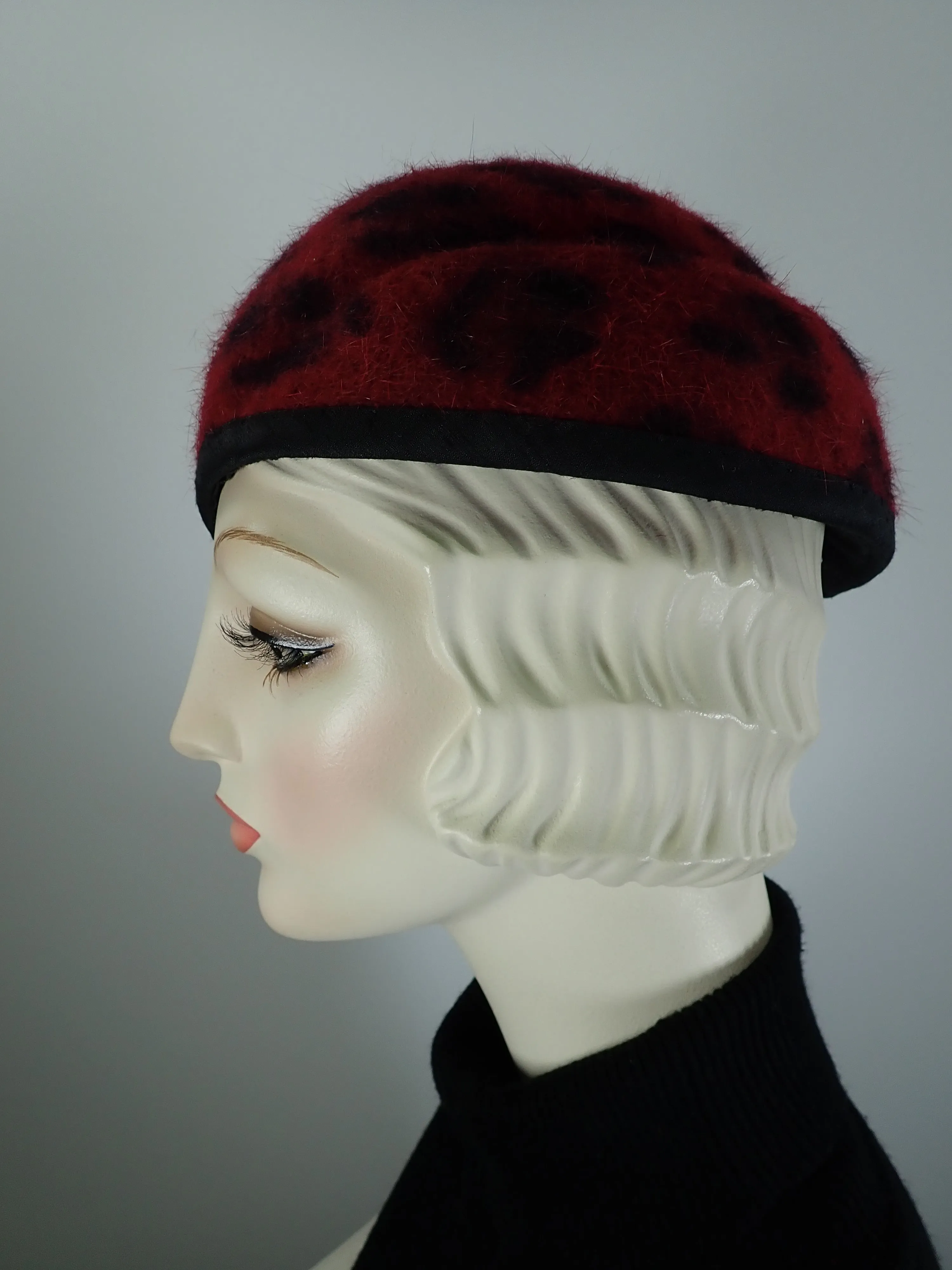 Womens Red and Black Leoopard Print Turban Topper Hat. Felted Wool structured Percher hat. Warm Winter Ladies Hat.