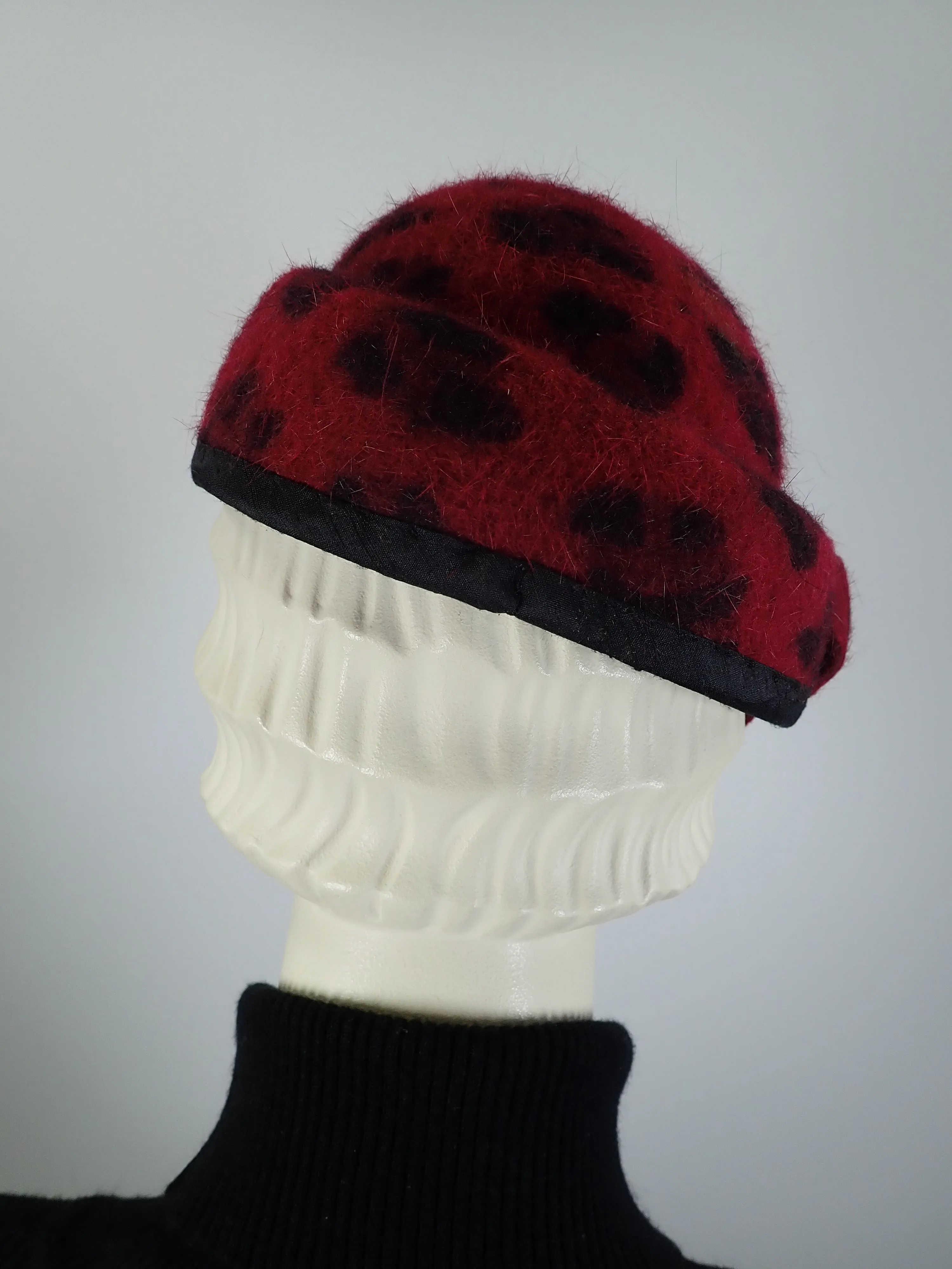 Womens Red and Black Leoopard Print Turban Topper Hat. Felted Wool structured Percher hat. Warm Winter Ladies Hat.