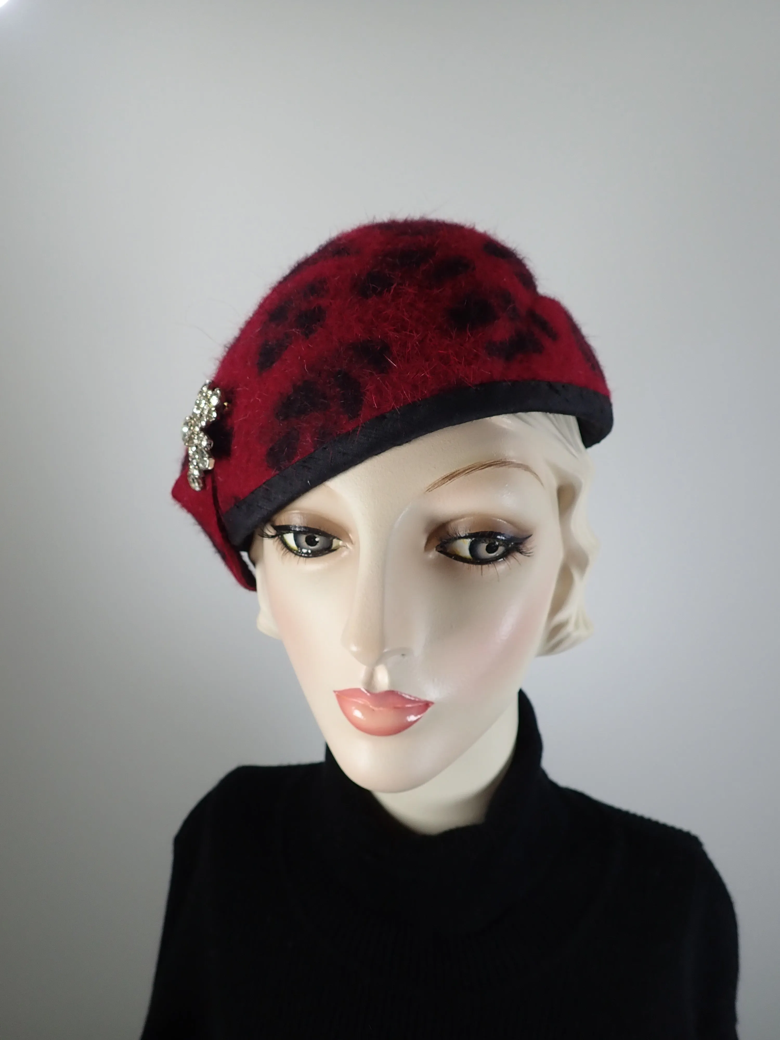Womens Red and Black Leoopard Print Turban Topper Hat. Felted Wool structured Percher hat. Warm Winter Ladies Hat.