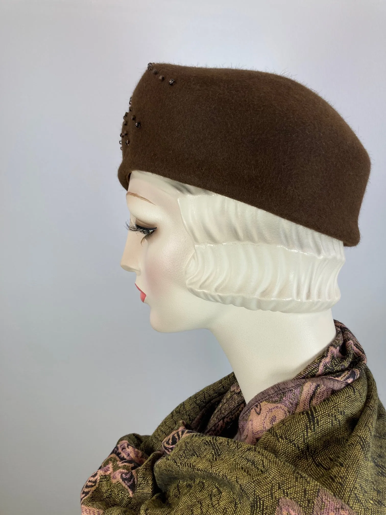 Women's small turban hat topper. Ladies small hat. Brown beaded hat. Ladies small topper hat. Upcycled sustainable hat. Vintage style.