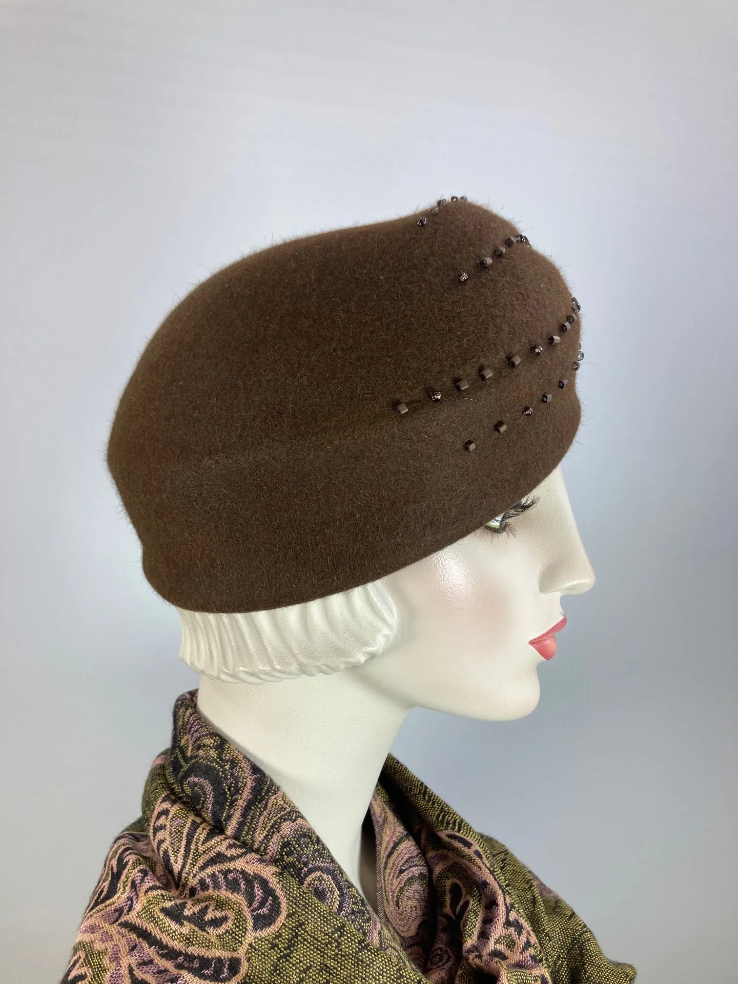 Women's small turban hat topper. Ladies small hat. Brown beaded hat. Ladies small topper hat. Upcycled sustainable hat. Vintage style.